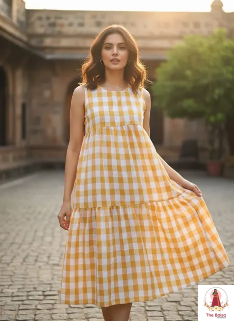 Anarkali Box Gown — Checkered Maxi in yellow check, front, sleeveless tiered cotton maxi