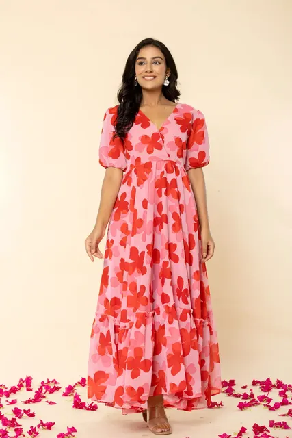 Rose Garden Georgette Tiered Gown, from Sanganer, Jaipur