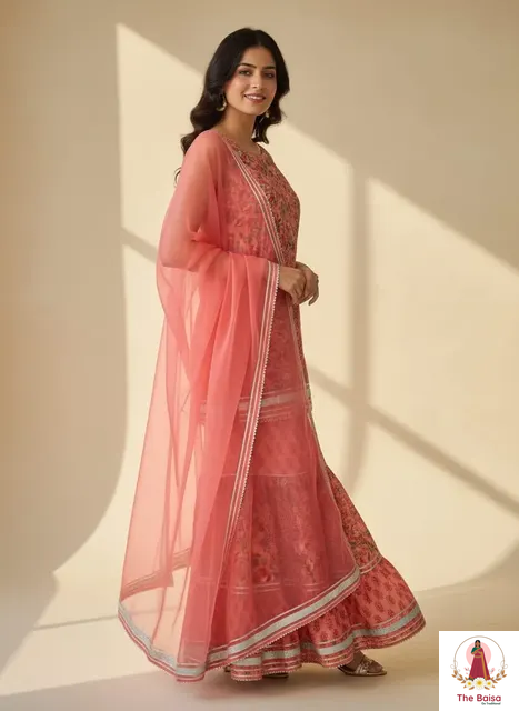 Shreeji Peach Gota Floral Sharara Set, from Sanganer, Jaipur