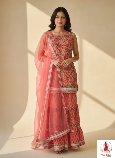 Shreeji Peach Gota Floral Sharara Set — view 2