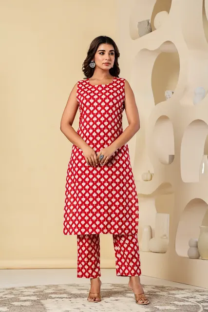 Raani Red Buta Sleeveless Kurta Set, from Sanganer, Jaipur