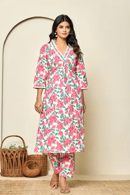 A-Line Floral V-Neck Lace Kurta Set, from Sanganer, Jaipur